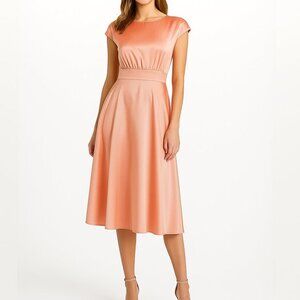 Gal Meets Glam Fit‎ Flare Midi Dress Women's Size 2 Peach Pleated Tie Back